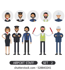 Stewardesses, pilots, security standing isolated 
on a white background. Aircraft personnel. Flat. Airport staff set 2.