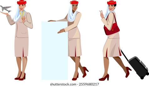 Stewardesses of the United Arab Emirates set young beautiful girls stewardesses in uniform with tickets flyer banner with suitcases and gesture victory Vector