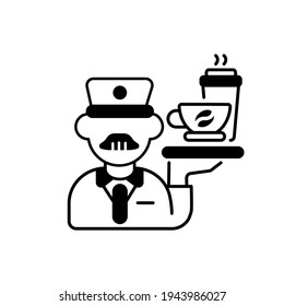 Stewart black linear icon. Railway service, comfortable railroad travel outline symbol on white space. Professional train attendant, conductor in uniform offering drinks vector isolated illustration