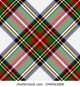 Stewart Dress #1 tartan plaid herringbone pattern. Multicolored Scottish Christmas vector texture in black, red, green, yellow, off white for skirt, flannel shirt, other autumn winter fabric print.
