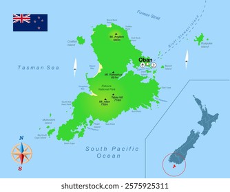 Stewart island (New Zealand) map. Education vector illustration