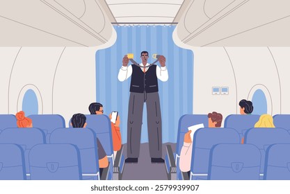 Stewart and passengers on board. Flight attendant explains safety rules to people, seat belt, cabin of aircraft, vector illustration