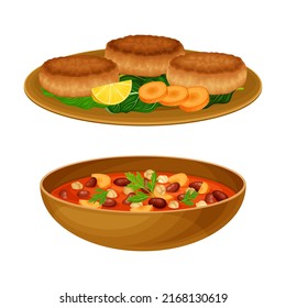 Stewed Beans with Chickpea and Carrot and Patty Cakes as Egyptian Dish Vector Illustration Set