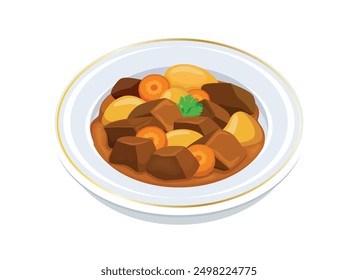 Carne de res guisada con zanahorias y patatas en una Ilustración vectorial de plato. Goulash con Vector de icono de zanahoria y patatas aislado sobre un fondo blanco. Estofado de carne en un plato de dibujo