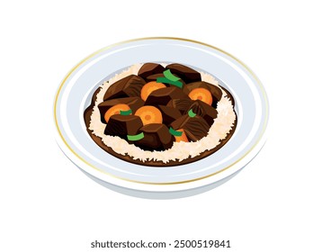 Stewed beef with rice and carrot on a plate vector illustration. Beef stew and rice on a plate icon vector isolated on a white background. Beef goulash drawing