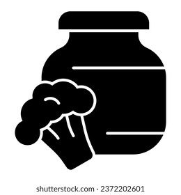 Stewed cabbage and broccoli solid icon. Glass canned jar and cabbage glyph style pictogram on white background. Children homemade preserve for mobile concept and web design. Vector graphics