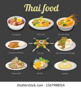 stewed egg,tom yum kung,green curry,panang pork with rice,pork satay,basil pork with fried egg,papaya salad,pad thai,fried rice thai food menu vector graphic design