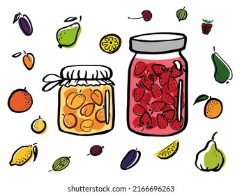 Stewed fruit, Compote, jam in glass jug or jar. Fruits for healthy summer drink. Vector color outline illustration for menu, package design.