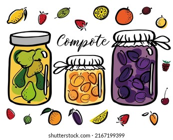 Stewed fruit, Compote, jam in glass jug or jar. Fruits for healthy summer drink. Vector color outline illustration for menu, package design.