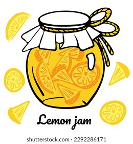 Stewed lemon fruit, Compote, jam in glass jug or jar. Fruits for healthy summer drink. Vector color outline illustration for menu, package design.