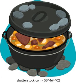 Stewed meat in cast iron dutch oven with coal on lid with ridge. Isolated. On green background.