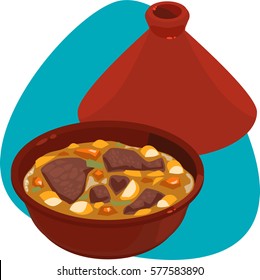 Stewed meat dish in red ceramic tagine. Red bowl with top lid. Isolated. On blue background.