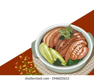 Stewed pork in clay pot on white background with yellow flower decoration. Isolated asian food vector illustration. Close-up hand drawing. 