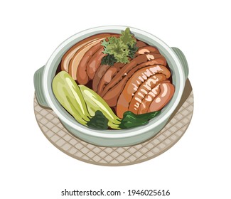 Stewed pork in clay pot on white background. Isolated asian food vector illustration. Close-up hand drawing. 