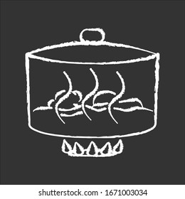 Stewing chalk white icon on black background. Delicious gravy, goulash preparation process. Cooking method, culinary technique. Pan with meat and vegetables isolated vector chalkboard illustration