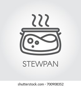 Stewpan line icon with boiling food. Pot or cooking pan outline pictograph. ?ookery, gastronomy, cuisine theme. Vector linear symbol