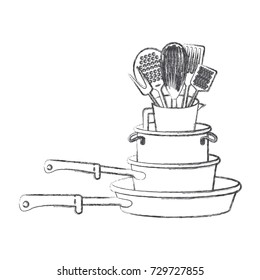 stewpan stack and kitchen utensils monochrome blurred silhouette vector illustration