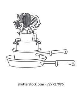 stewpan stack and kitchen utensils monochrome silhouette vector illustration
