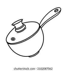 Stewpan vector icon. Hand-drawn illustration isolated on white backdrop. Iron kitchen tool with glass lid, handle. A saucepan for cooking food. Clipart for decoration, menu design, cafe, web.