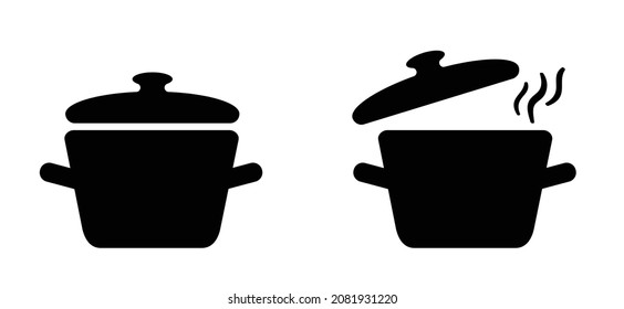 Stewpot Cartoon pot or pan food icon or pictogram. Cooking, picnic or eating logo or symbol. Vector cookware or kitchen food menu. Restaurant idea.