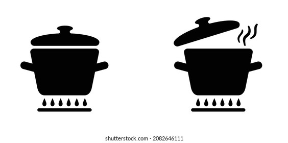 Stewpot on stove. Cartoon pot or pan food icon or pictogram. Cooking gas, picnic or eating logo or symbol. Vector cookware or kitchen food menu. Restaurant dinner idea.
