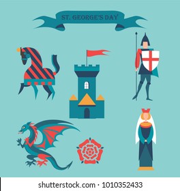 St.George's Day card. Castle, knight, rose, horse/ princess and dragon. Vector illustration.