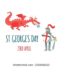 St.Georges Day Card With Knight And Dragon. Vector Illustration. 