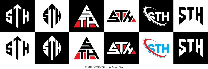 STH letter logo design in six style. STH polygon, circle, triangle, hexagon, flat and simple style with black and white color variation letter logo set in one artboard. STH minimalist and classic logo