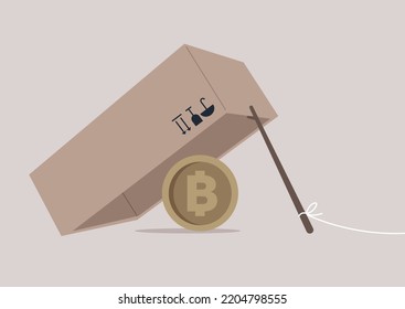 A stick and a box trap, and a bitcoin used as a bait