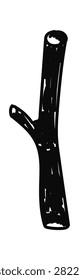 Stick branch with offshoot, rough bark texture, bold silhouette line work. Symbol of nature, wilderness, survival, and camping utility. Cartoon vector illustration.