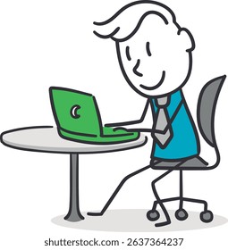 Stick Businessman Working on a Laptop. Male is seated on a matching office chair with wheels