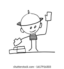 stick character-a worker in a hard hat and gloves lays bricks. Doodle illustration. vector