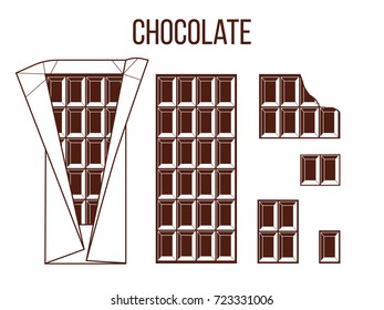 Stick of chocolate, stick of dark chocolate. Whole, bited, pieces, unfolded