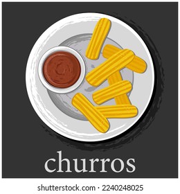 A stick of churros on a plate with chocolate sauce. Churros - fried dough. Traditional Spanish dessert churros with sugar, chocolate and salted caramel sauce. Latin American cuisine.