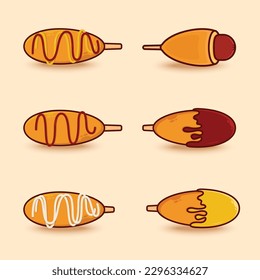 A stick of corn dog on a stick with a peanut butter drizzle on it.
