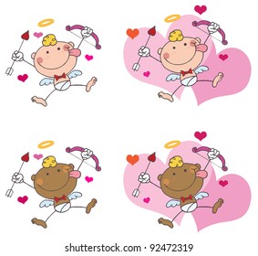 Stick Cupid with Bow and Arrow Flying.Vector Collection