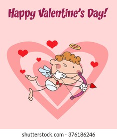 Stick Cupid Shooting Arrows Over Big And Small Hearts. Vector Illustration Greeting Card