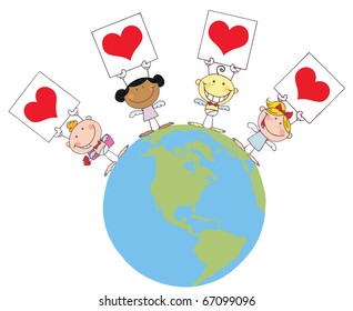 Stick Cupids Holding Heart Signs On A Globe