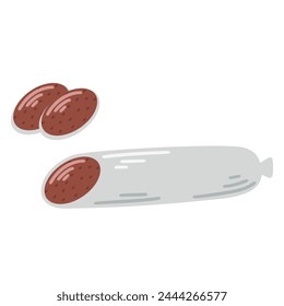 Stick of dry smoked sausage, cut into slices clip art, vector graphics. Salami isolated on white background, flat style. Meat appetizer, pepperoni