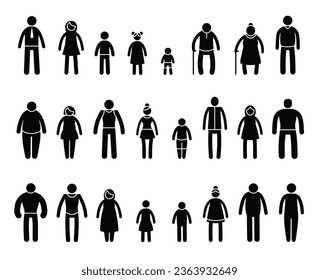 Stick family people. Cartoon muscular and skinny male and female characters, stick family members with different body types and ages. Vector isolated set of cartoon family people illustration