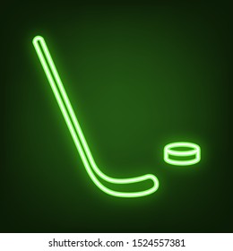 Stick and field sign. Green neon icon in the dark. Blurred lightening. Illustration.