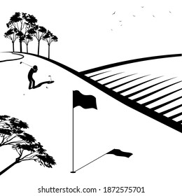 stick figere, player golfer swings his club to hit golf ball on tee. Active lifestyle outdoors. Vector