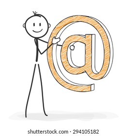 Stick Figure in Action - Stickman with a At-Sign - Icon. Stick Man Vector Drawing with White Background and Transparent, Abstract Three Colored Shadow on the Ground.