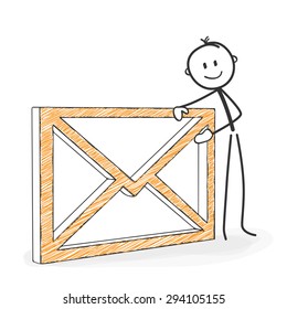 Stick Figure in Action - Stickman with an Envelope Icon. Symbolic eMail. Stick Man Vector Drawing with White Background and Transparent, Abstract Three Colored Shadow on the Ground.