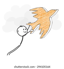 Stick Figure in Action - Stickman Flying with a Bird Icon. Stick Man Vector Drawing with White Background and Transparent, Abstract Three Colored Shadow on the Ground.