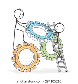 Stick Figure in Action - Stickman helping his colleague. Symbolic Teamwork Gear Wheel Icon. Stick Man Vector Drawing with White Background and Transparent, Abstract Three Colored Shadow on the Ground.