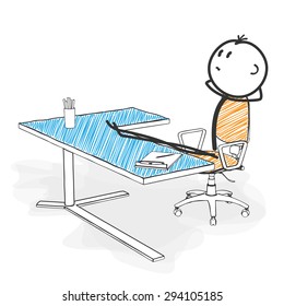 Stick Figure in Action - Stickman is Looking for New Pose Ideas in his Office. Stick Man Vector Drawing with White Background and Transparent, Abstract Three Colored Shadow on the Ground.