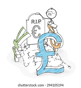 Stick Figure in Action - Stickman Mourns the Euro, Together with Dollar, Yen, Pound Icon. Stick Man Vector Drawing with White Background and Transparent, Abstract Three Colored Shadow on the Ground.
