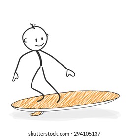 Stick Figure in Action - Stickman On a Surfboard Icon. He has Fun. Stick Man Vector Drawing with White Background and Transparent, Abstract Three Colored Shadow on the Ground.