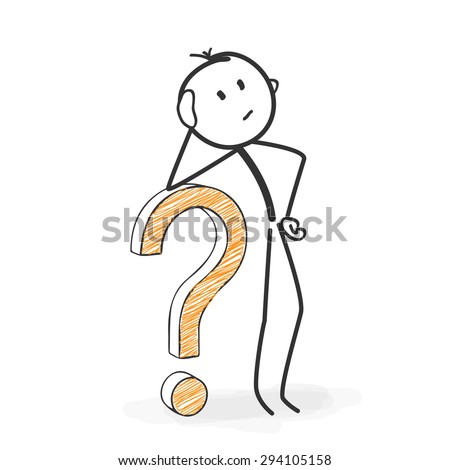 Stick Figure in Action - Stickman with a Question Mark Icon. Looking For Solutions. Stick Man Vector Drawing with White Background and Transparent, Abstract Three Colored Shadow on the Ground.